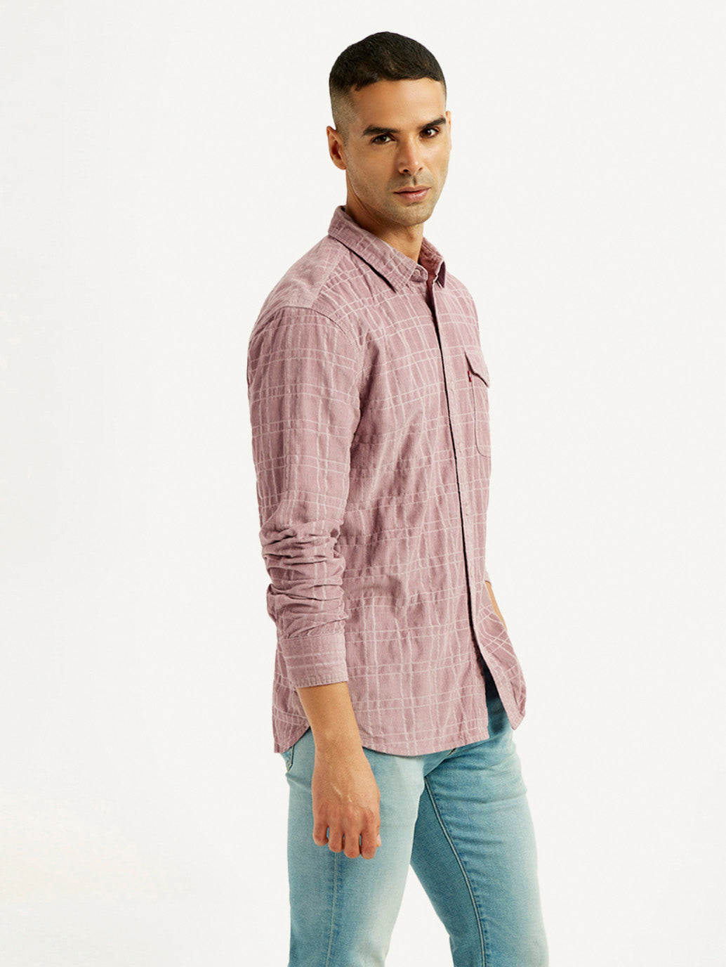 Men's Mauve Checkered Slim Fit Corduroy Shirt
