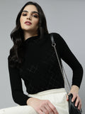 Women's Black Self Design Studded High Neck Top