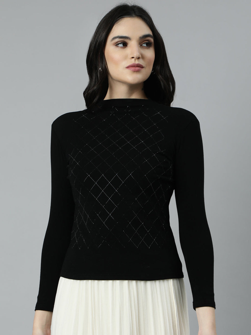 Women's Black Self Design Studded High Neck Top