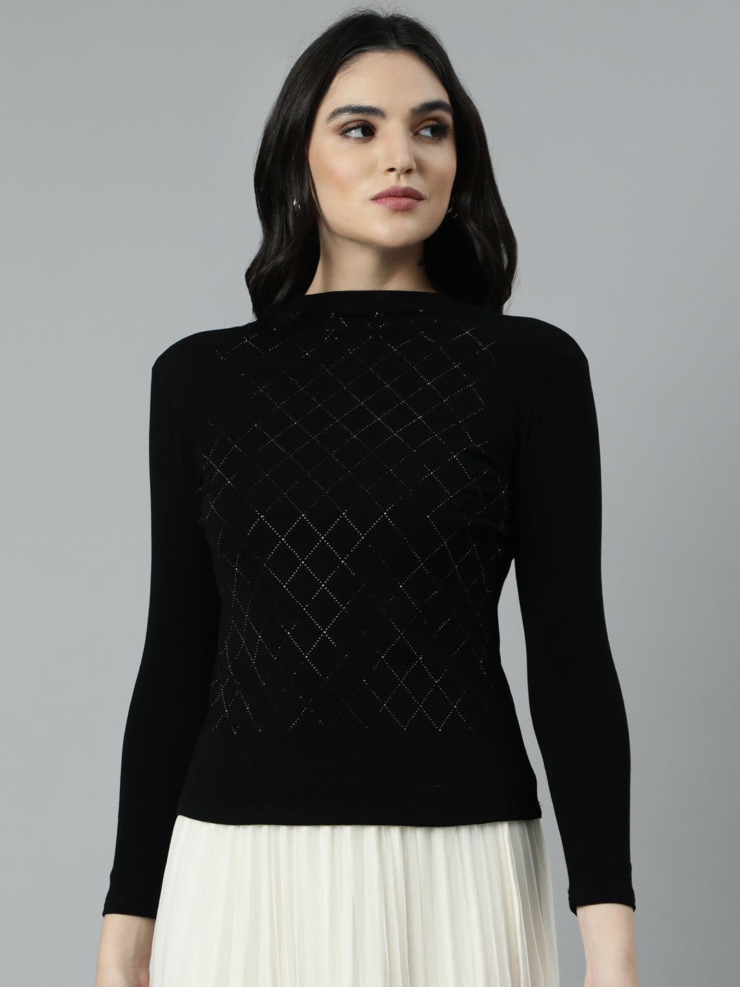 Women's Black Self Design Studded High Neck Top