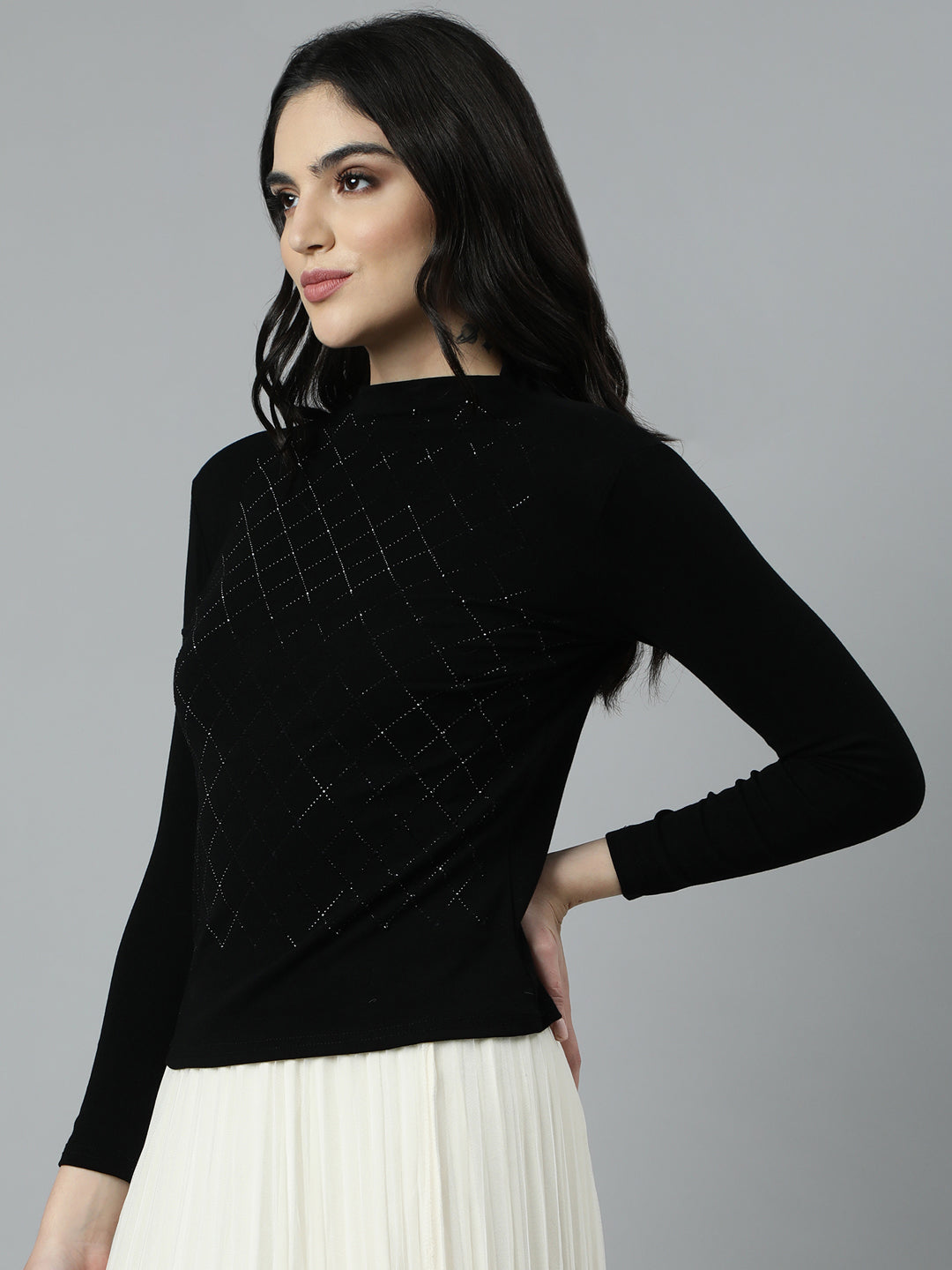 Women's Black Self Design Studded High Neck Top