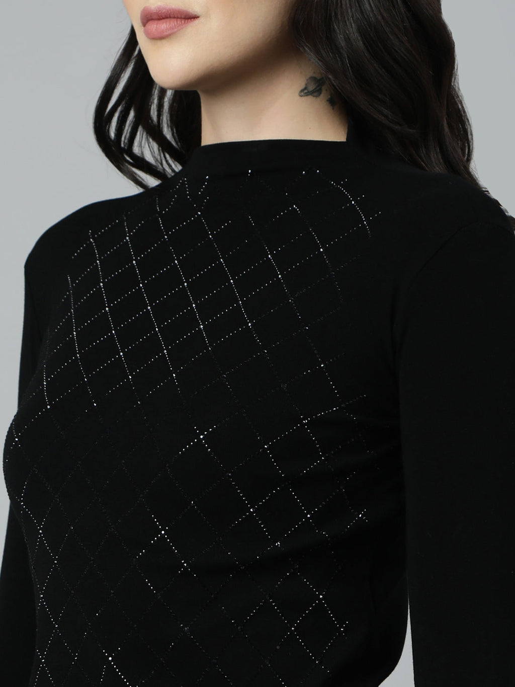 Women's Black Self Design Studded High Neck Top