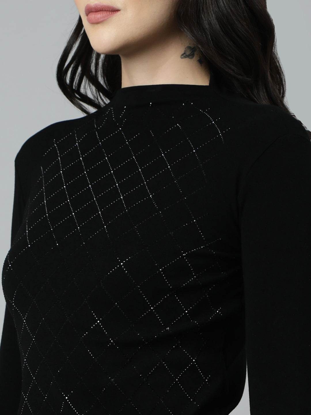 Women's Black Self Design Studded High Neck Top