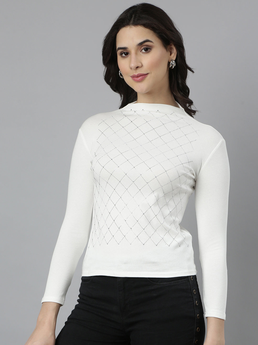 Women's Off White Self Design High Neck Long Sleeves Opaque Studded Casual Top