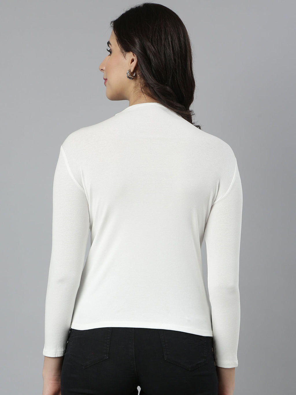 Women's Off White Self Design High Neck Long Sleeves Opaque Studded Casual Top
