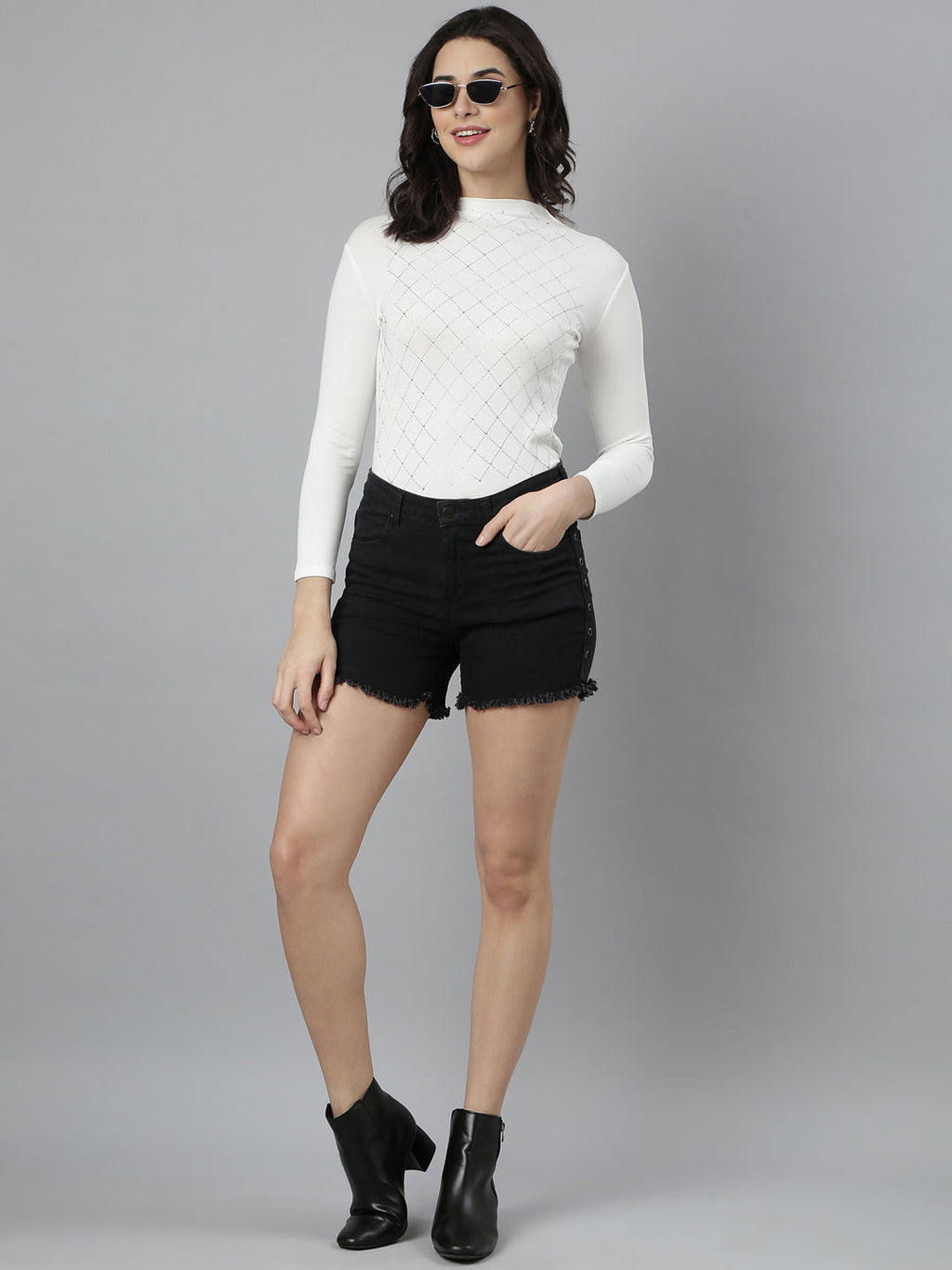 Women's Off White Self Design High Neck Long Sleeves Opaque Studded Casual Top