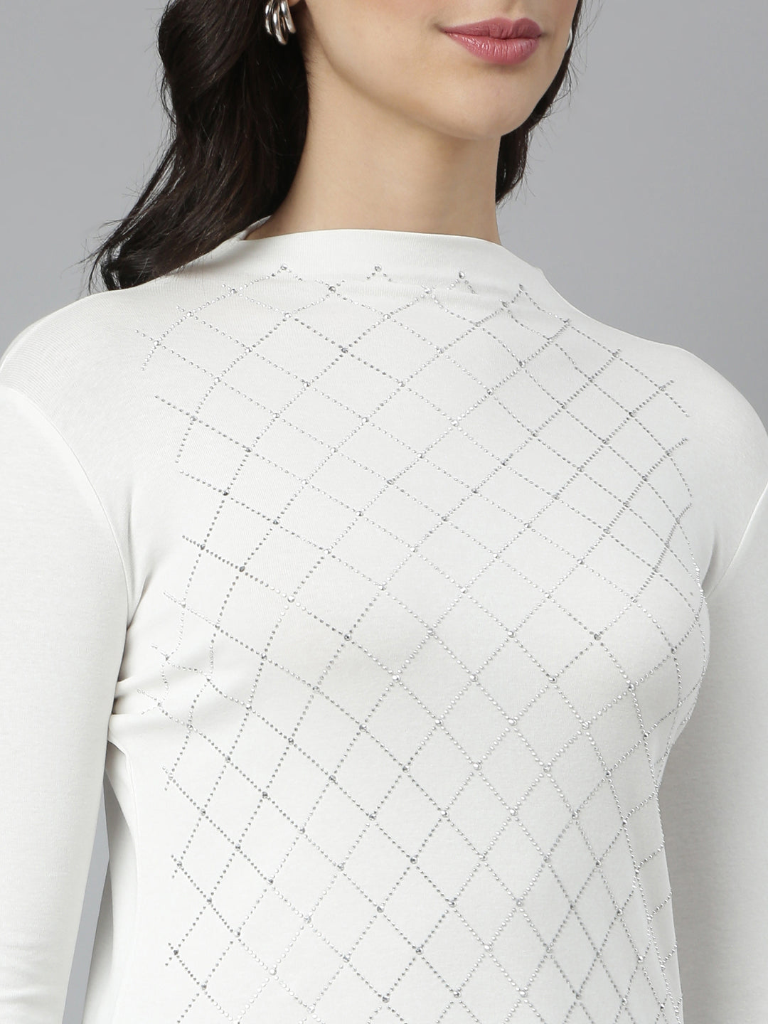 Women's Off White Self Design High Neck Long Sleeves Opaque Studded Casual Top