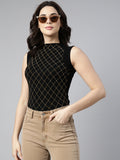 Women's Black Checked High Neck Studded Regular Top