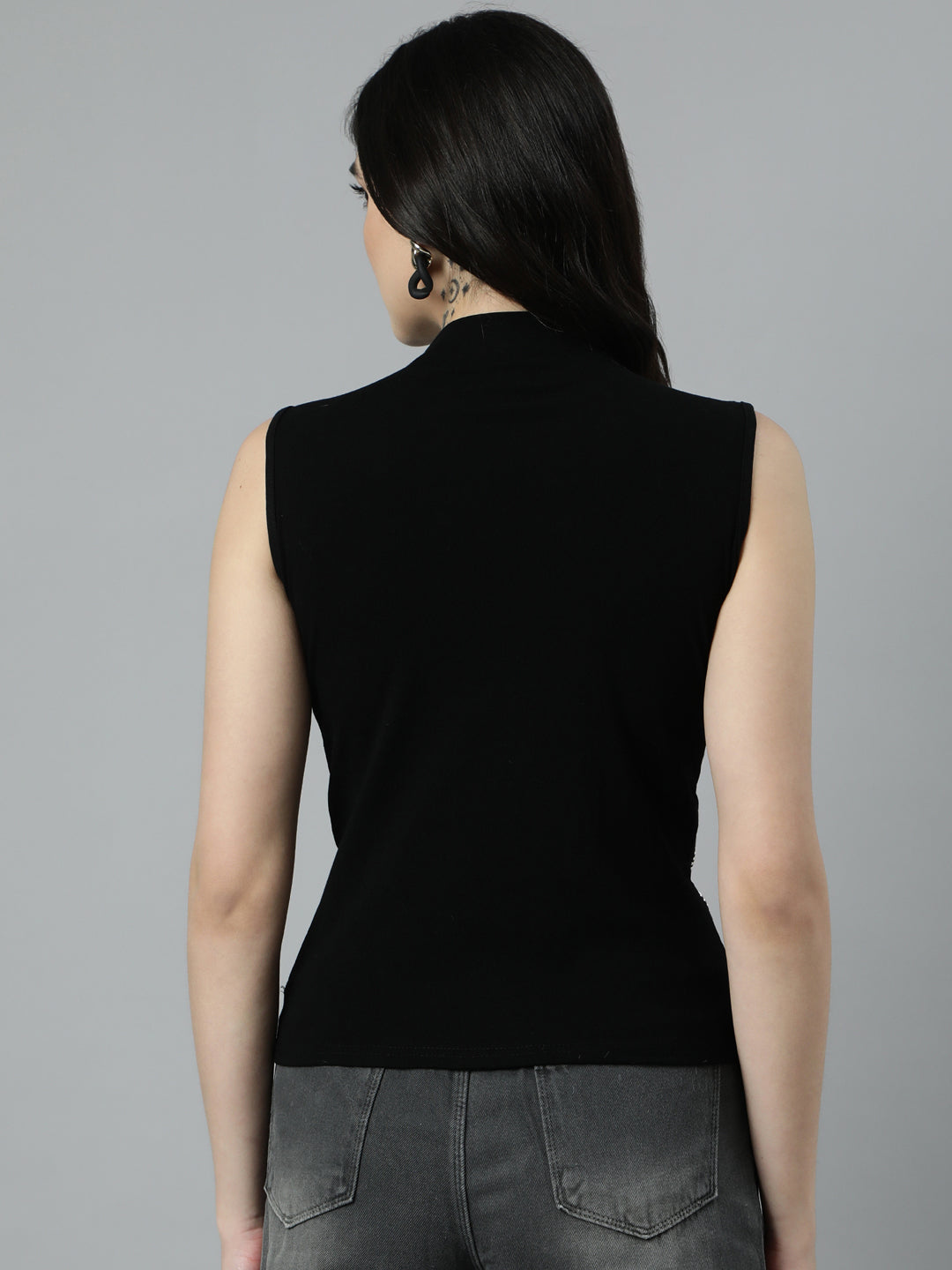 Women's Black High Neck Embellished Top