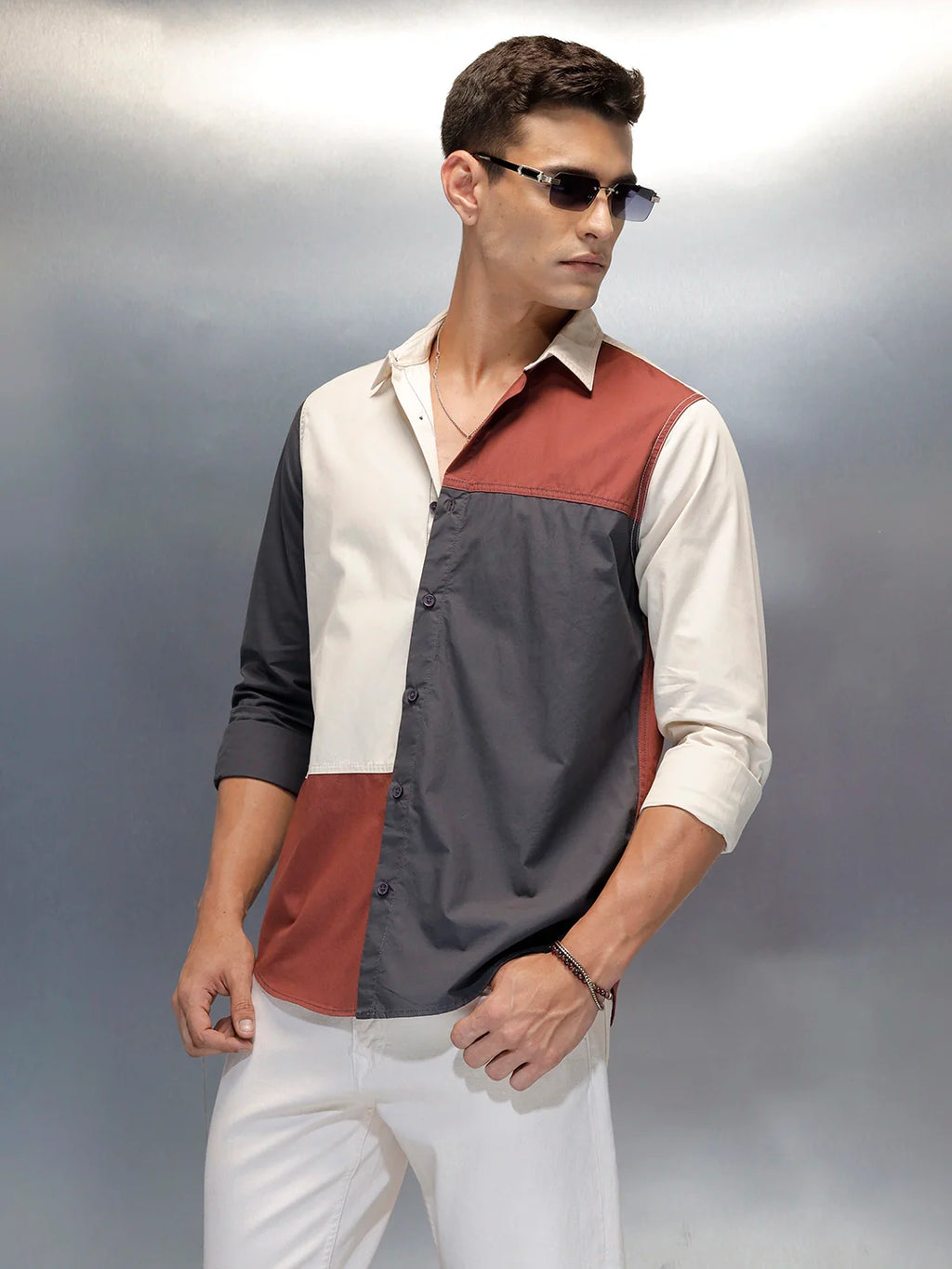Men's Casual Regular Fit Shirt With Colourblock | Rust