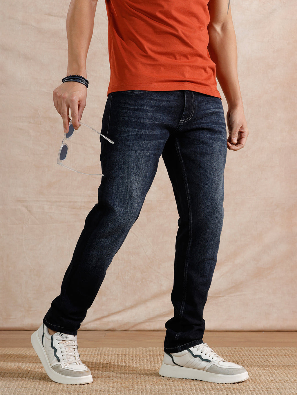Solid Heavy Fade Slim Tapered Fit Jeans | Dark Blue
