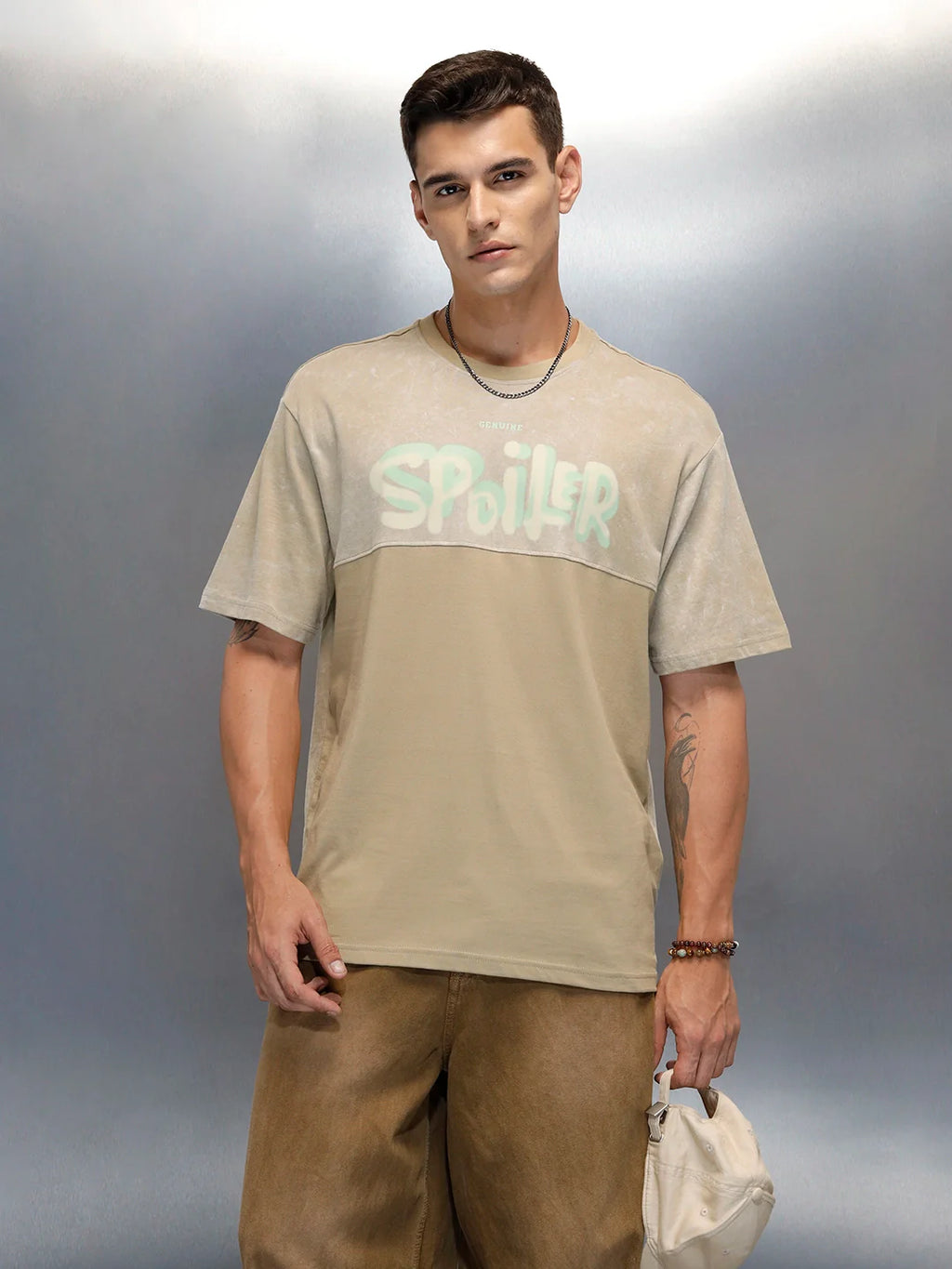 Washed Graphic Printed Oversized Fit T-Shirt | Khaki