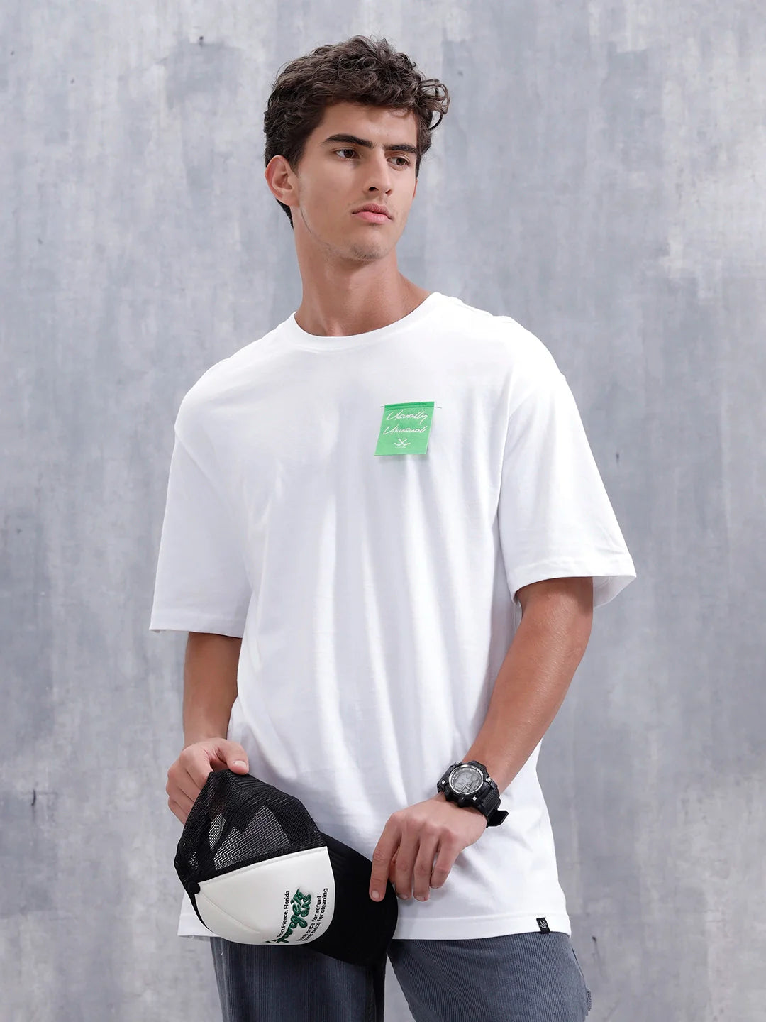 Men’s Casual Oevrsized Fit T-Shirt With Fe Patch | White