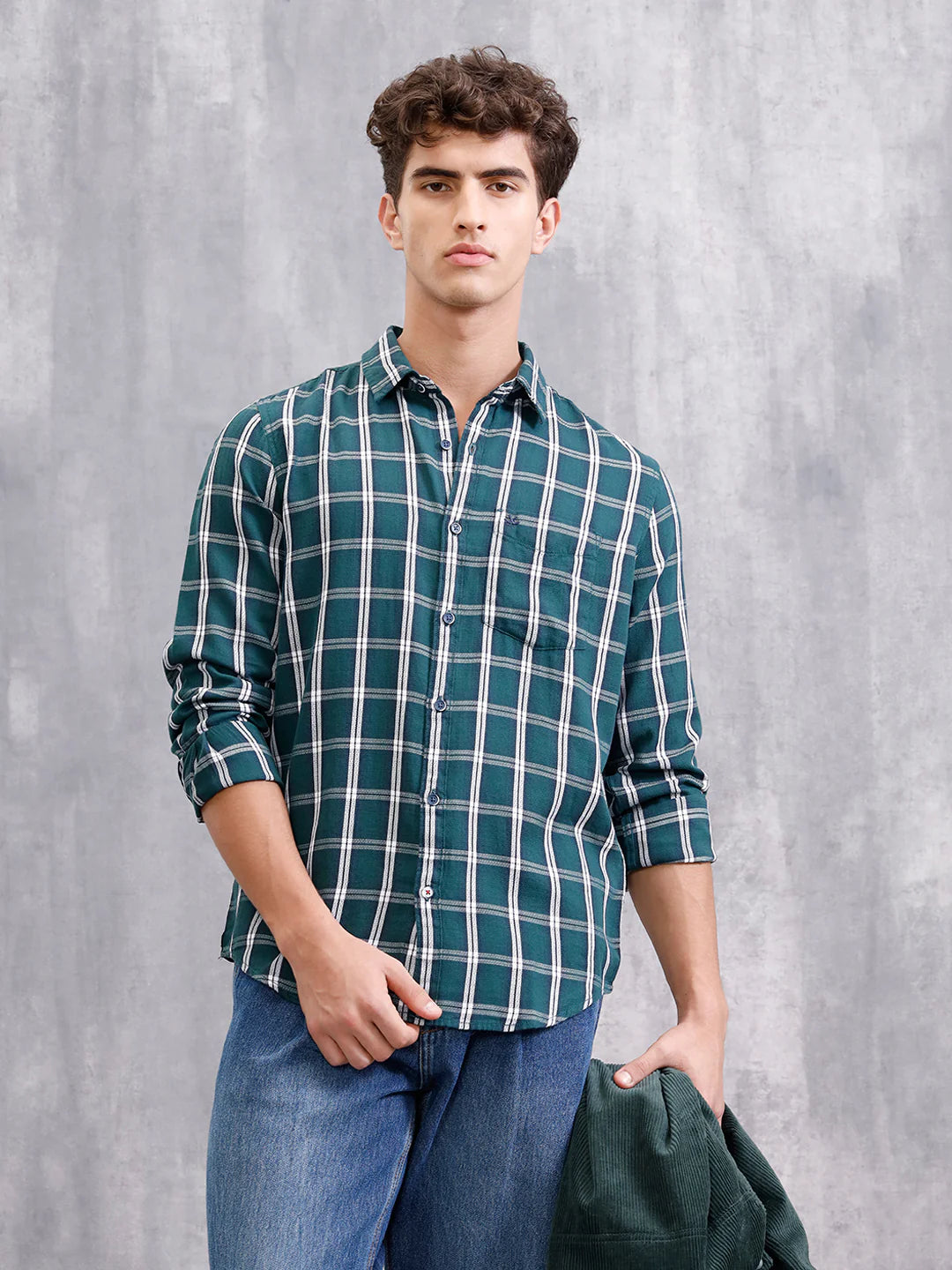 Textured Cotton Dobby Check Shirt  | Green