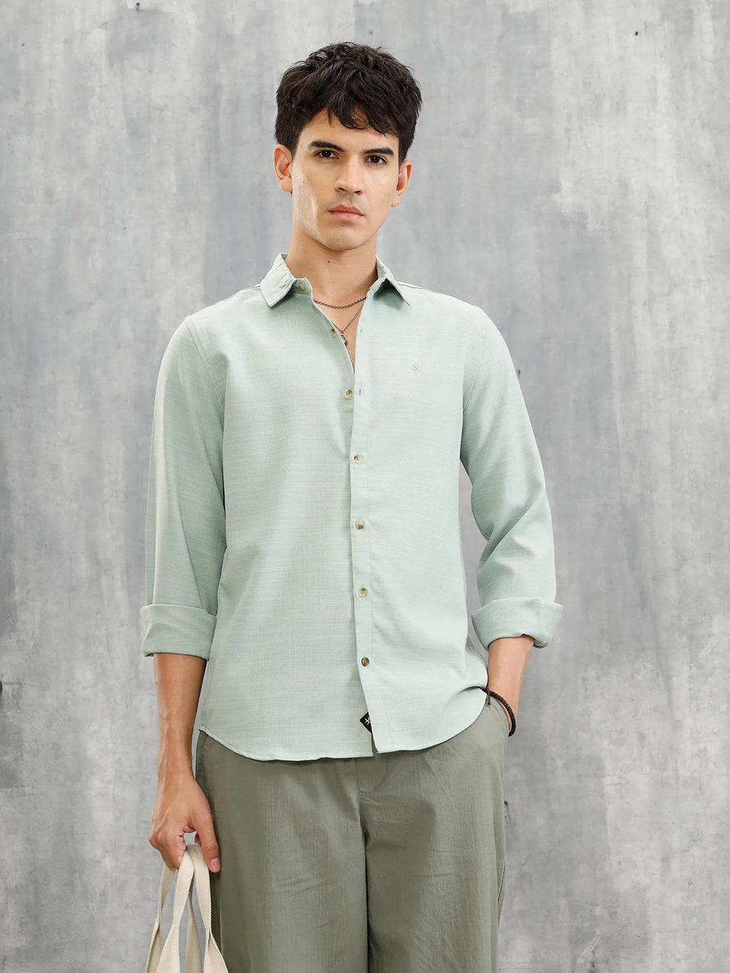Textured Solid Casual Look Slim Fit Shirt |  Light Green
