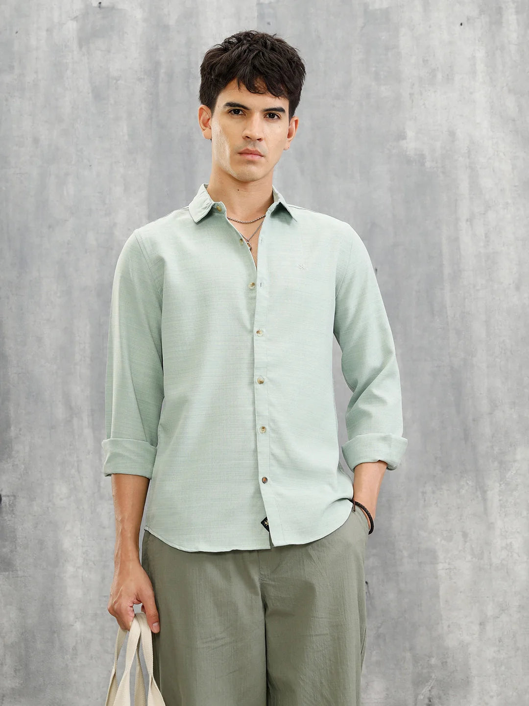 Textured Solid Casual Look Slim Fit Shirt |  Light Green