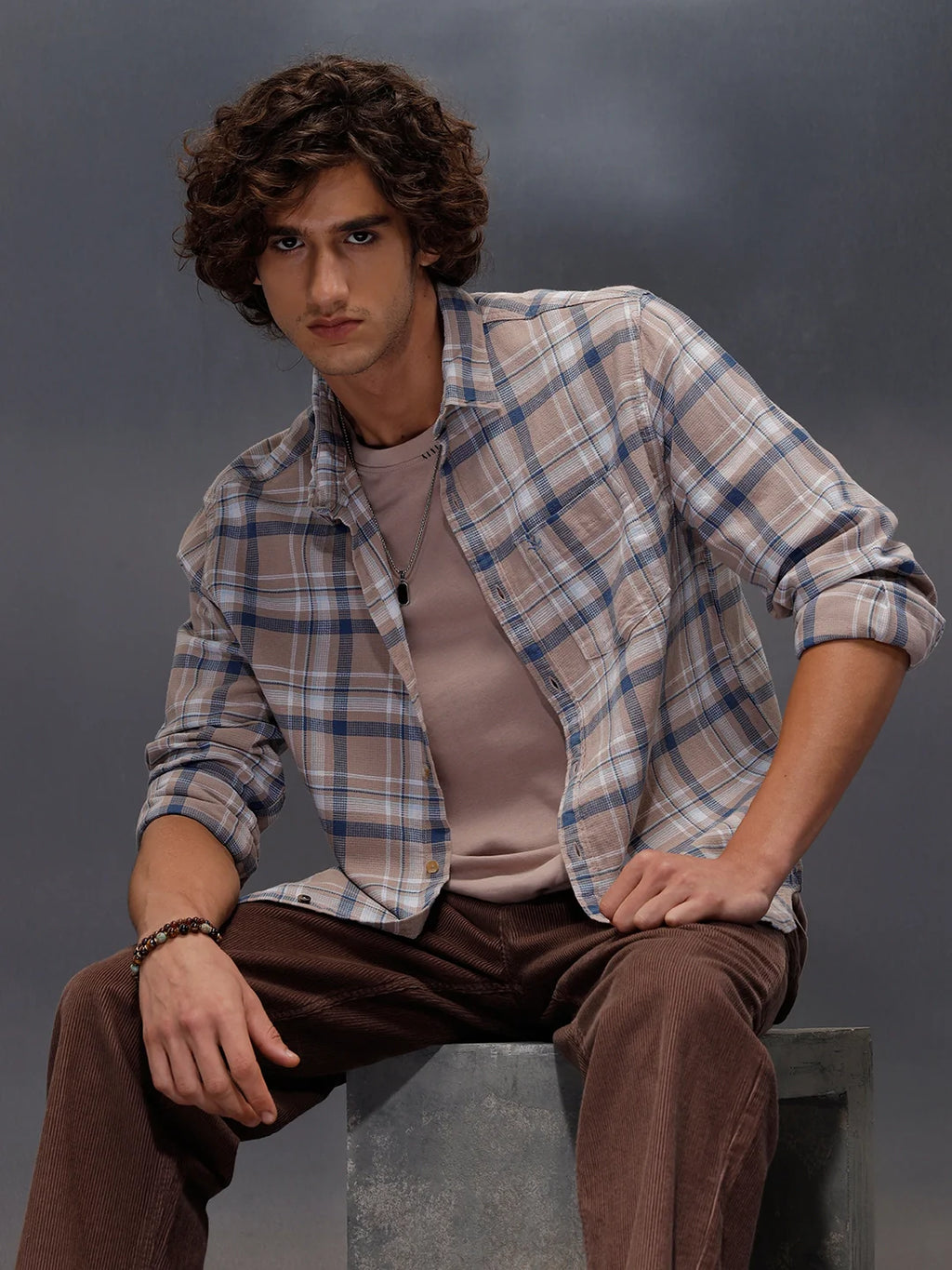 Textured Comfort Fit Checkered Pattern Shirt With Branding | Khaki