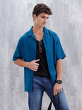 Men's Solid Self Structured Oversized Fit Resort Shirt | Teal