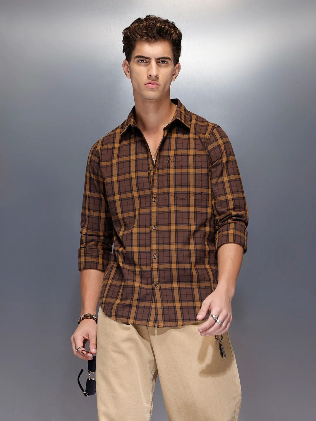 Men’s brown flannel-style check shirt | Khaki