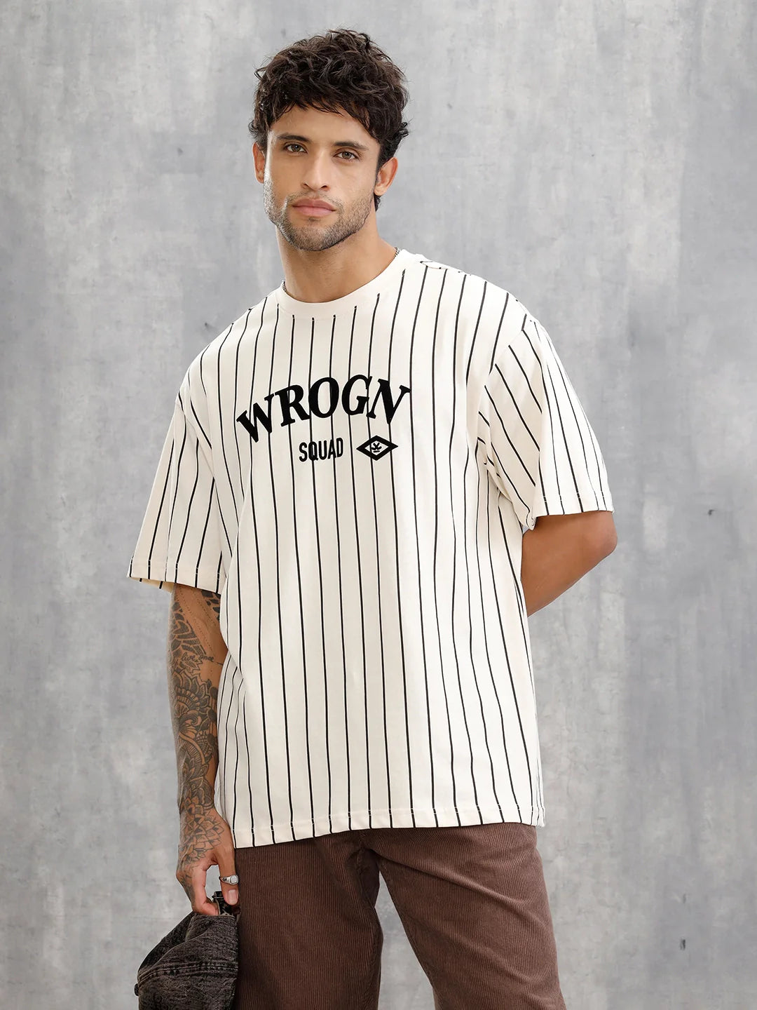 Striped Oversized Fit T-shirt With Flock Print | Beige