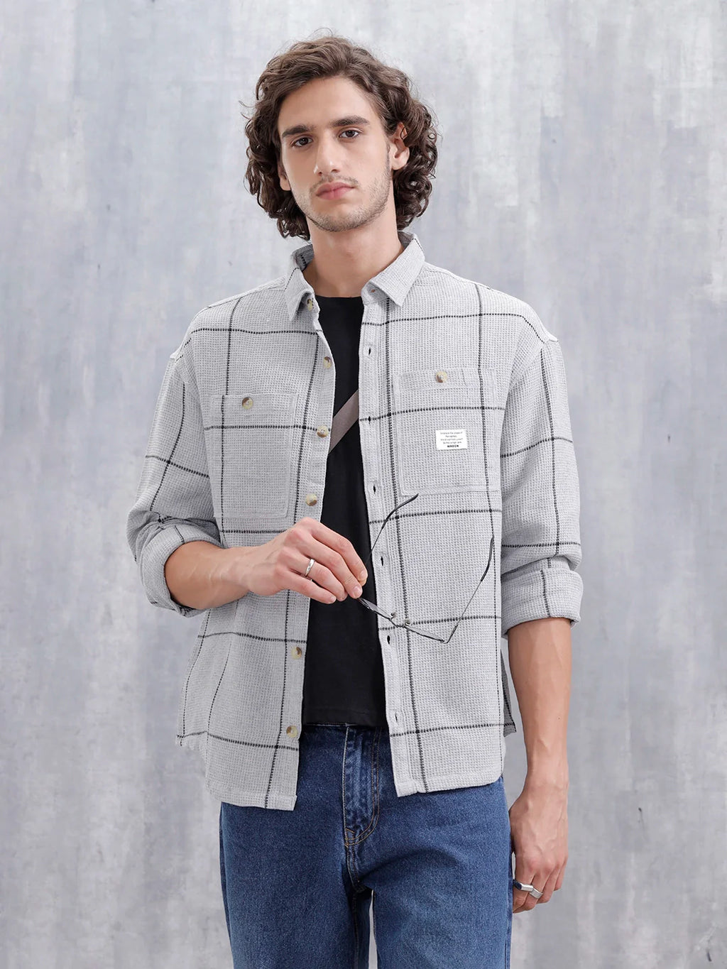 Men Checkered Pattern Oversized Fit Shirt | Grey