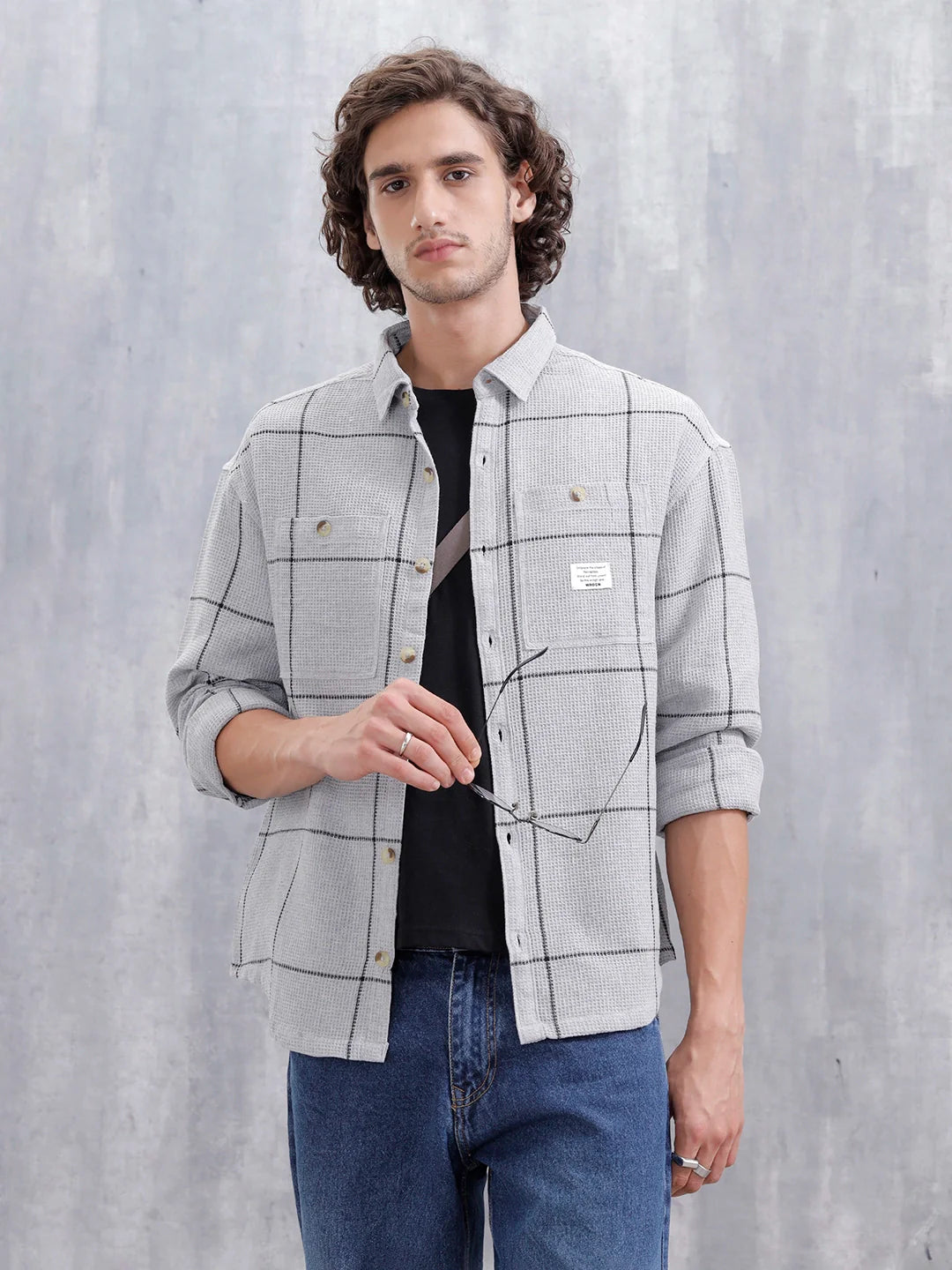 Men Checkered Pattern Oversized Fit Shirt | Grey