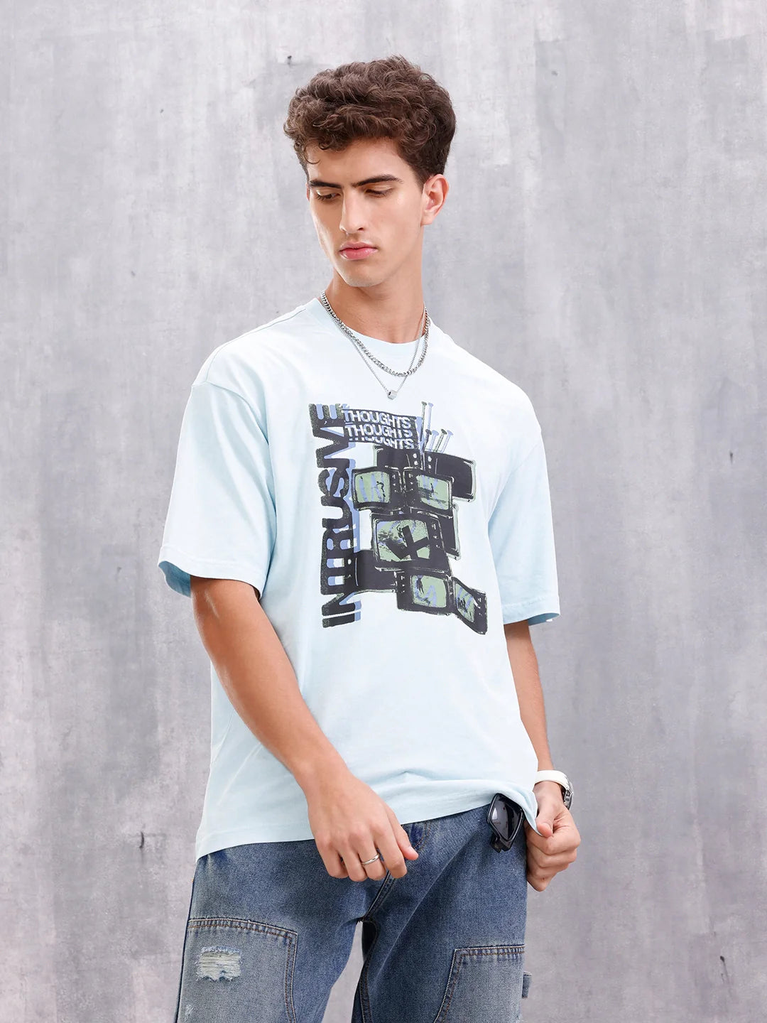 Retro Tv Graphic Printed Oversized Fit Tshirt | Light Blue