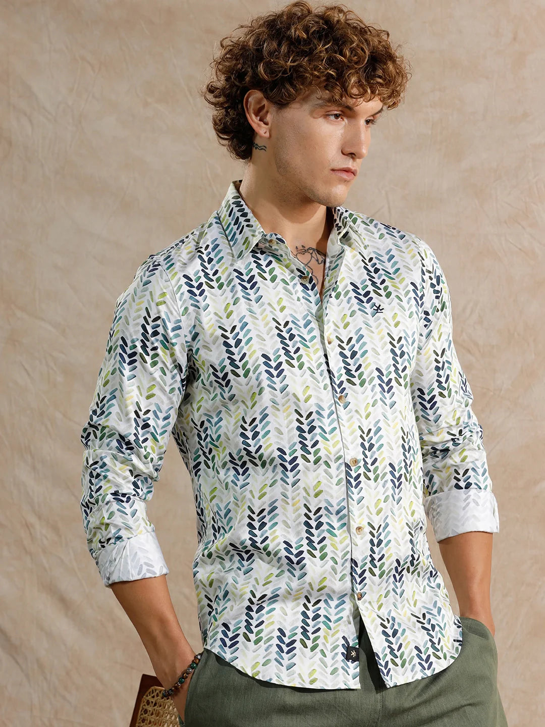 Printed Satin Slim Fit Shirt | White
