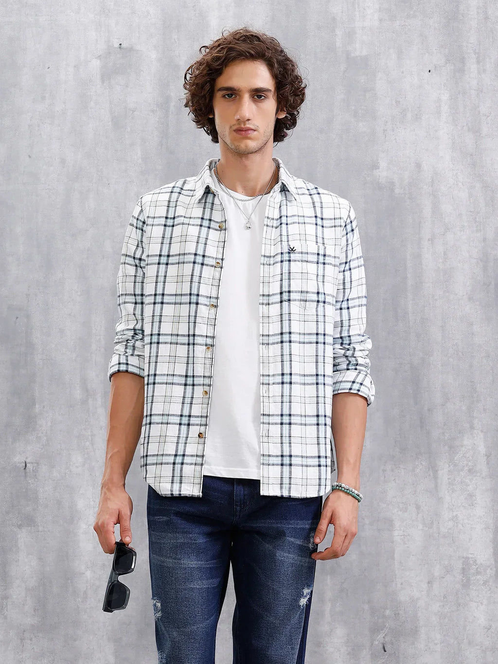 Twill Checkered Slim Fit Shirt | White