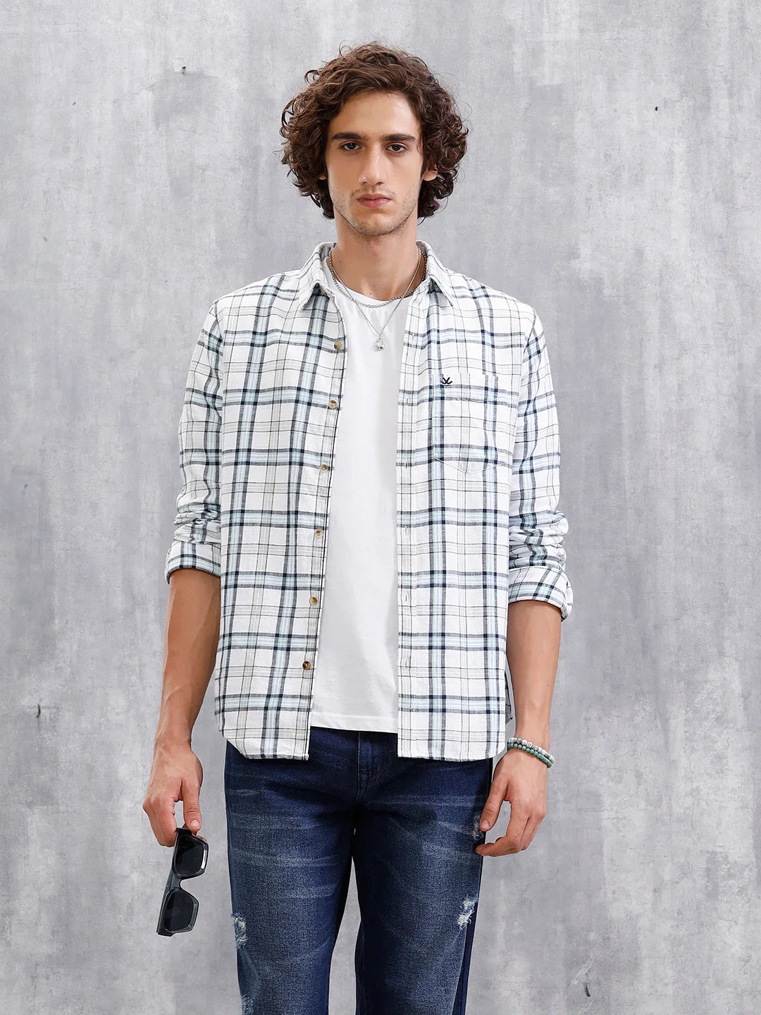 Twill Checkered Slim Fit Shirt | White
