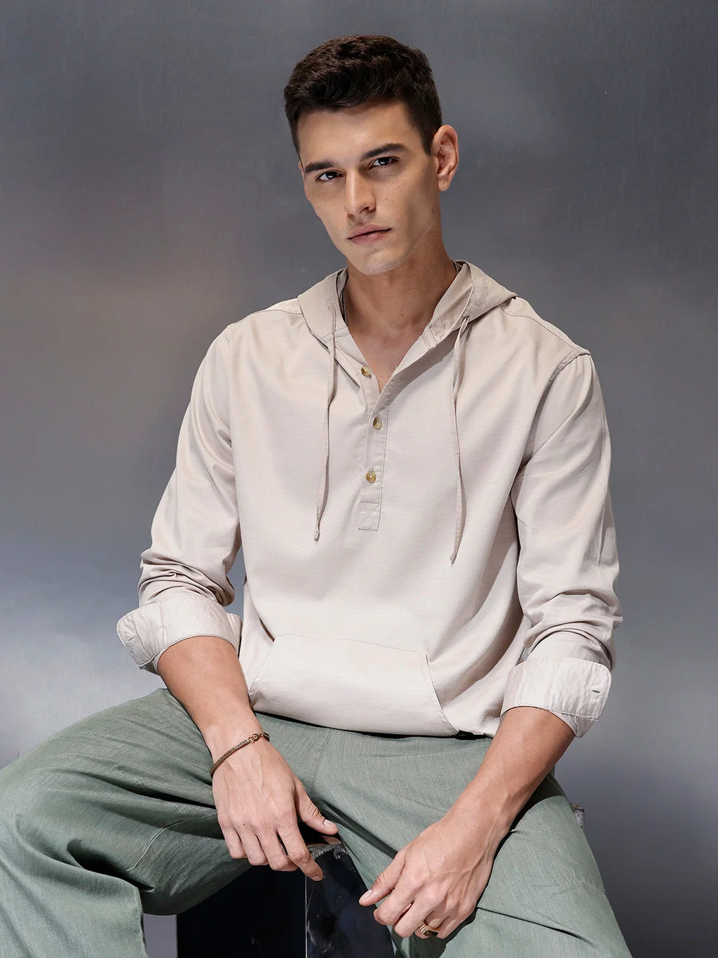 Men's casual hooded half-placket shirt with hood | Beige