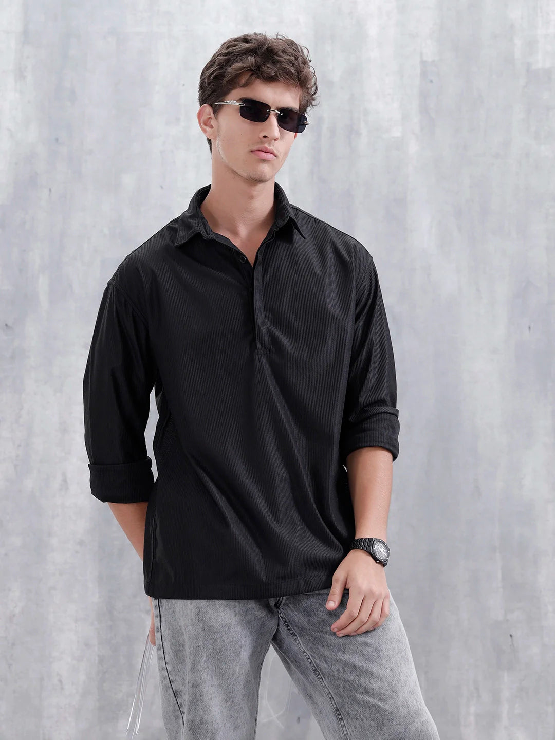 Textured Men Casual Oversized Fit Shirt | Black