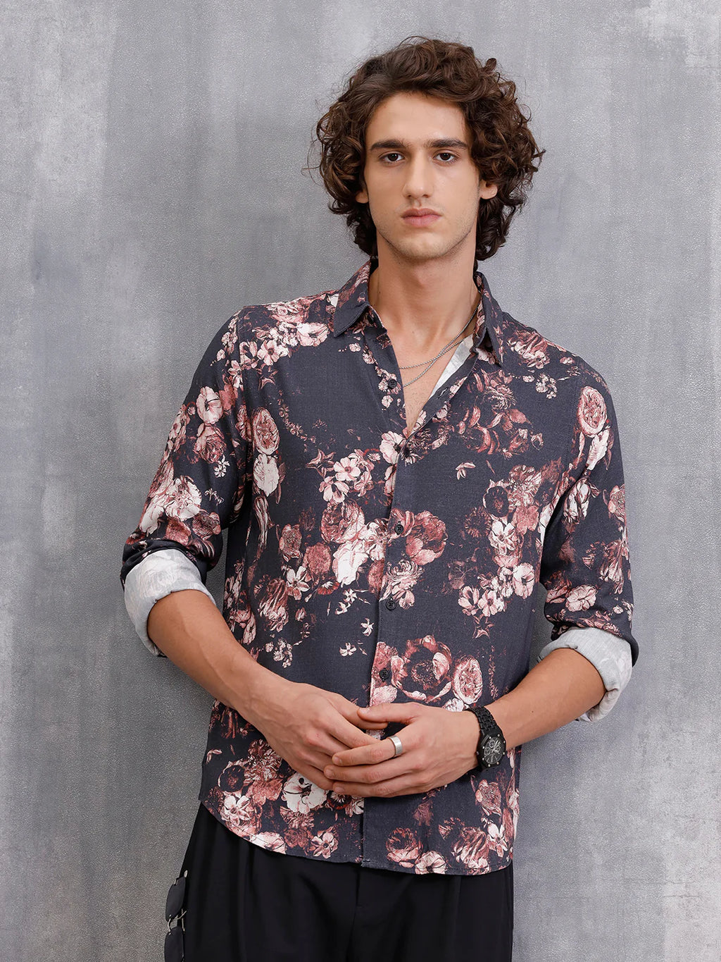Fluid Dark Floral Printed Shirt In Slim Fit | Black