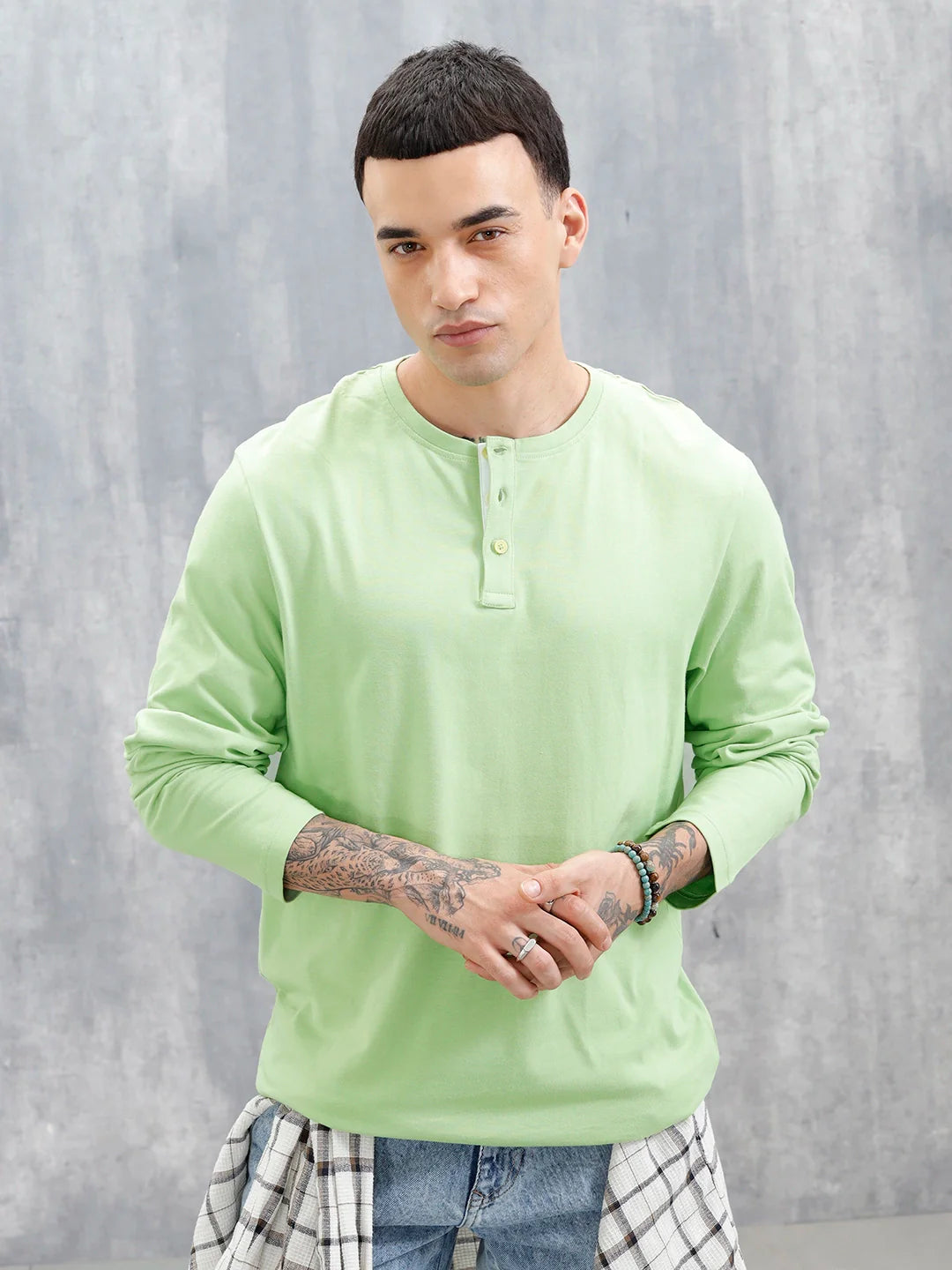 Wrogn Classic Henley T-Shirt For Men's | Green