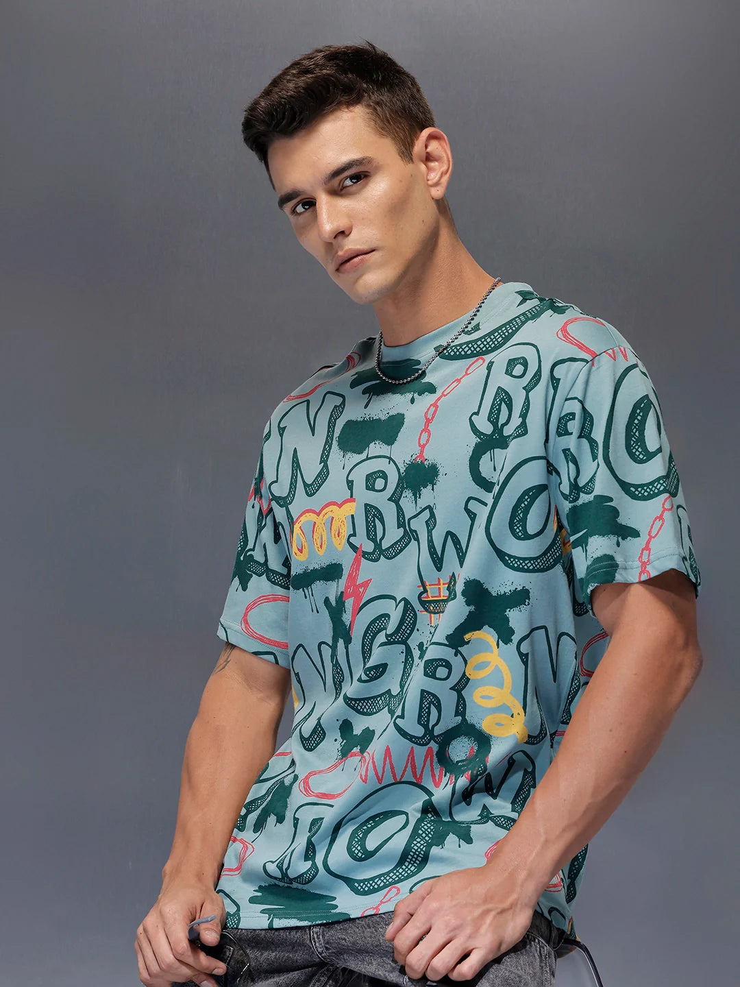 Men's oversized all-over graphic print T-shirt | Teal