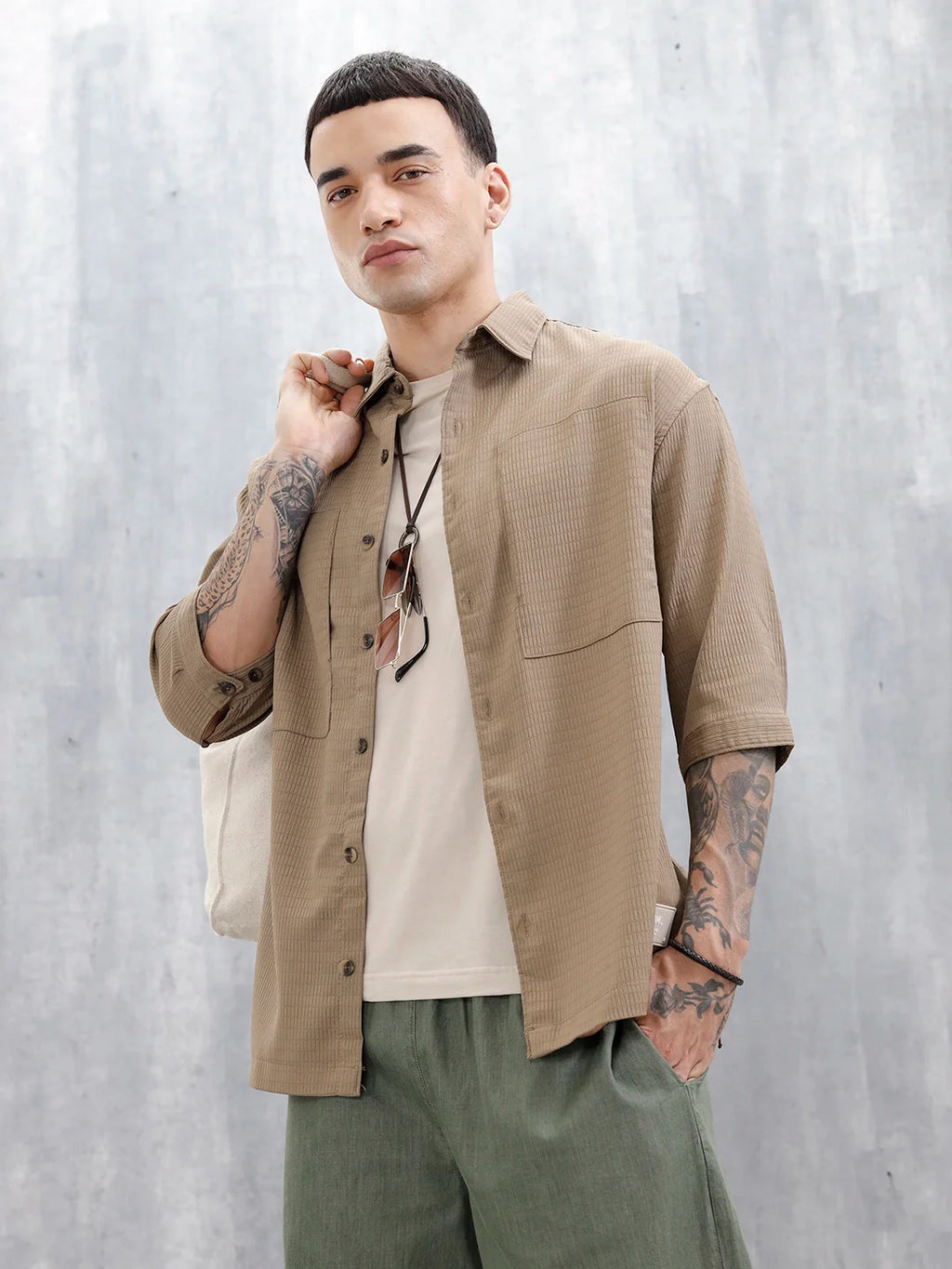 Wrogn Comfort Fit Self Textured Shirt | Khaki