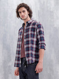 Slim Fit Cotton Indigo Twill Check Shirt | Maroon