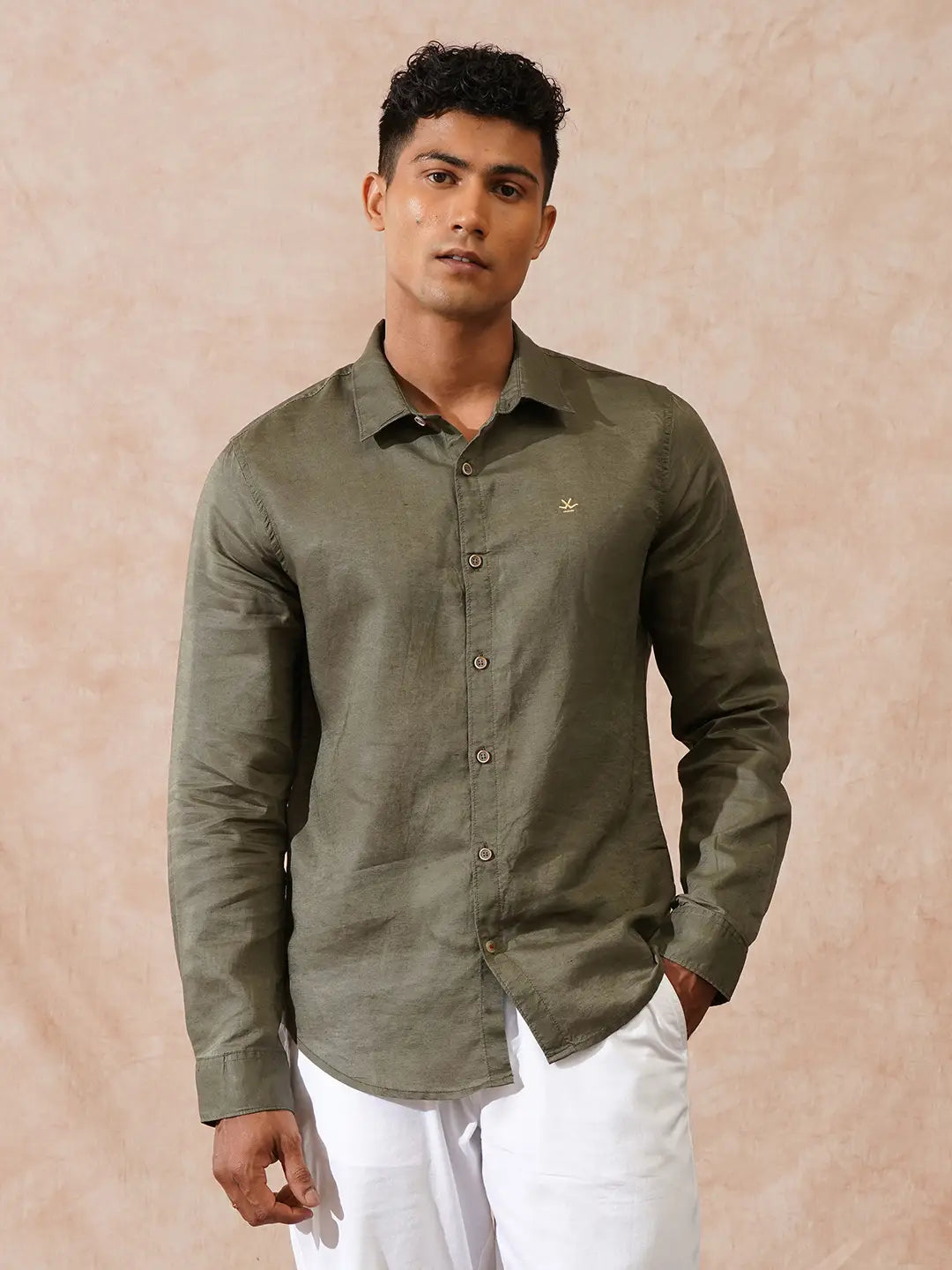 Solid Linen Blend Shirt | Olive