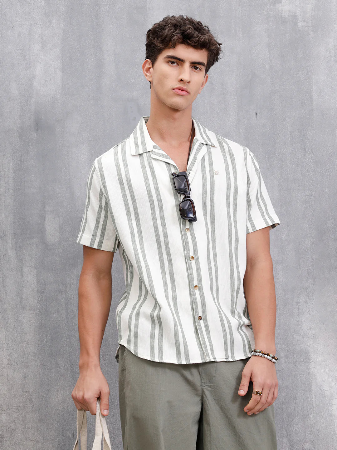 Textured Stripe Shirt In Resort Collar | Green