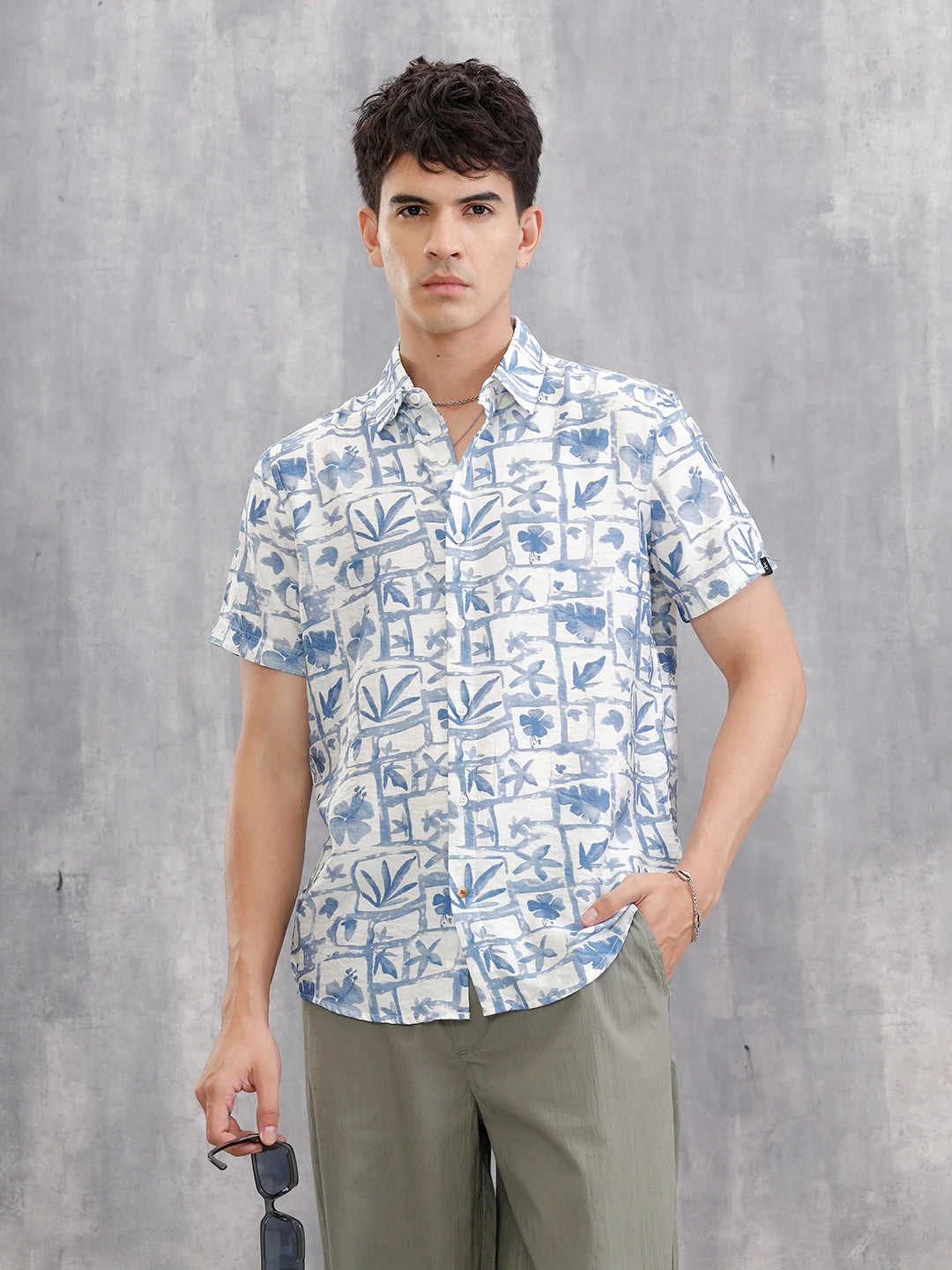 Fluid Viscose Nylon Shirt With Watercolour Inspired Aop | Blue