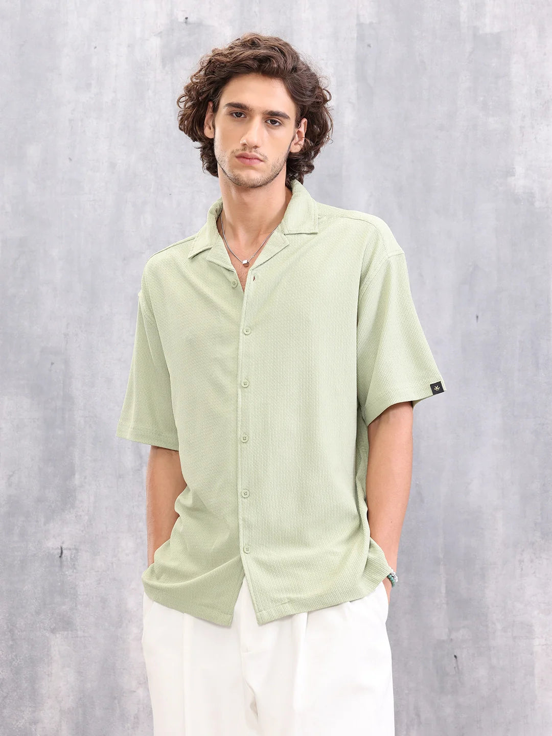 Textured Oversize Fit Resort Collar Shirt I Light Green