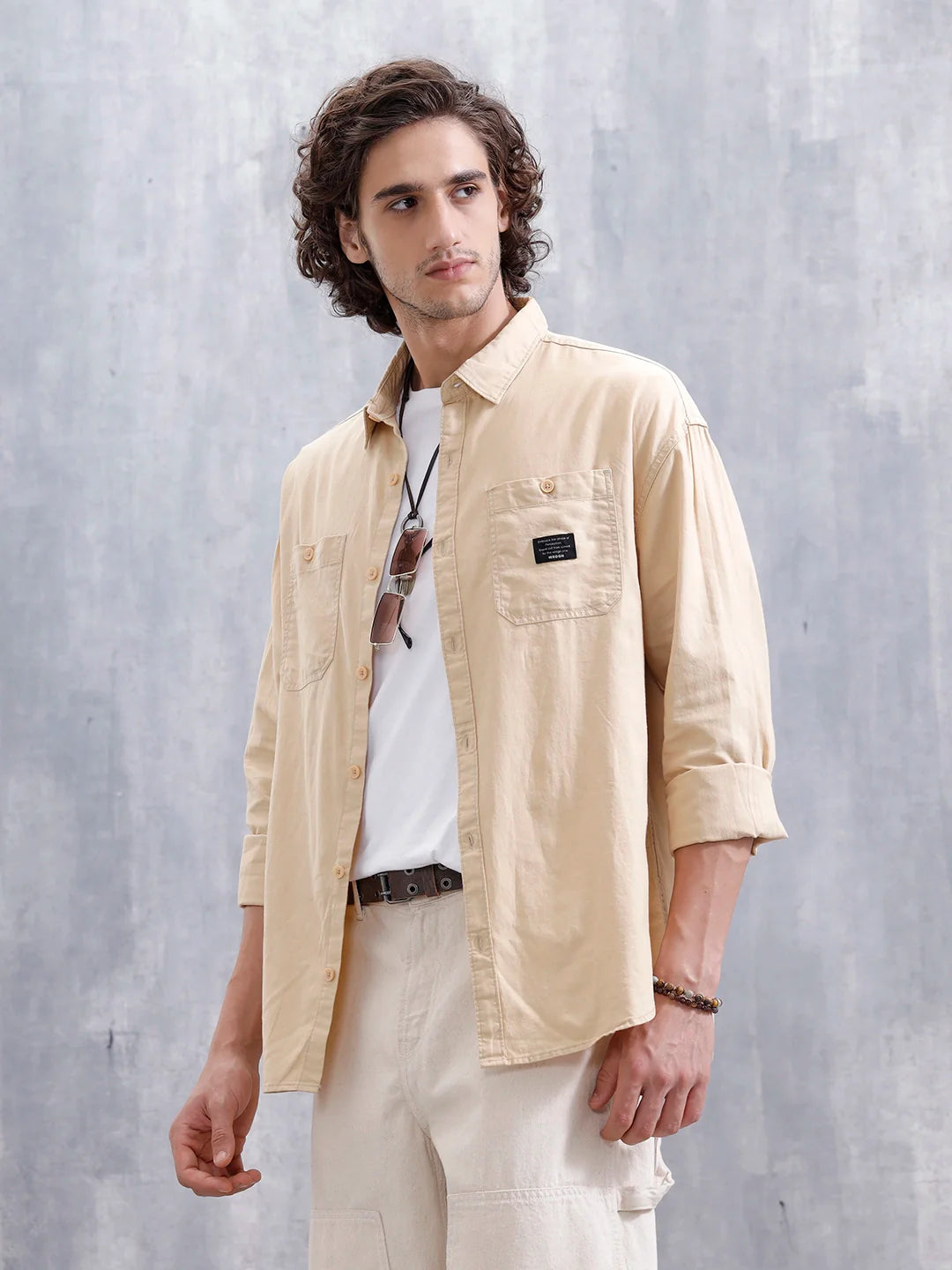 Oversized Fit Double Pocket Solid Shirt | Beige