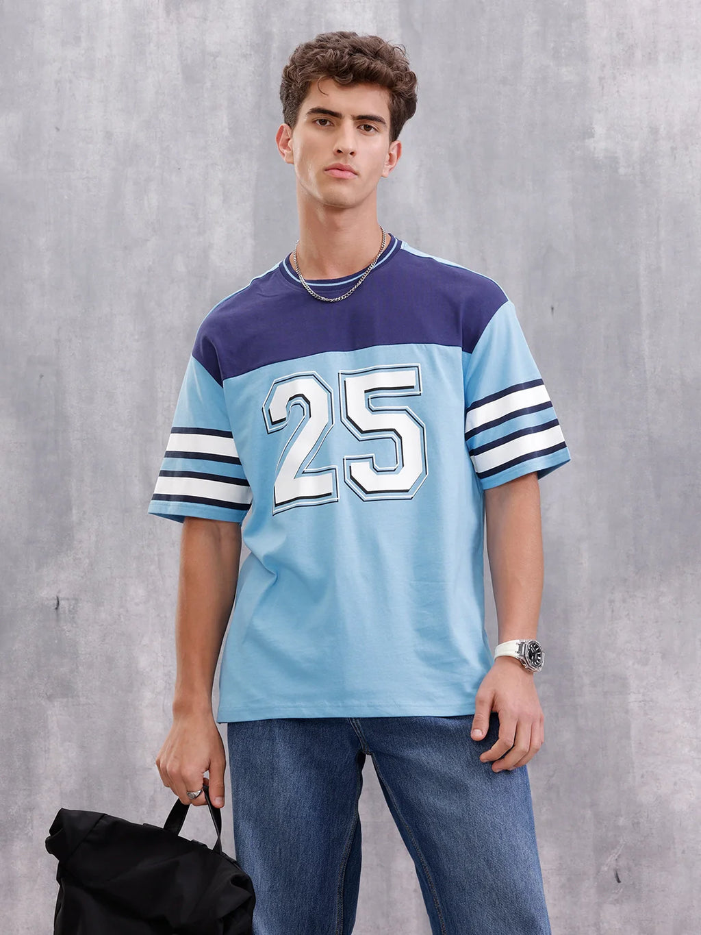 Men’s Colorblock Varsity Graphic Oversized Fit T-Shirt | Blue