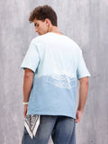 Ombre Dyed Back Graphic Puff Printed Oversized Fit T-Shirt | Light Blue
