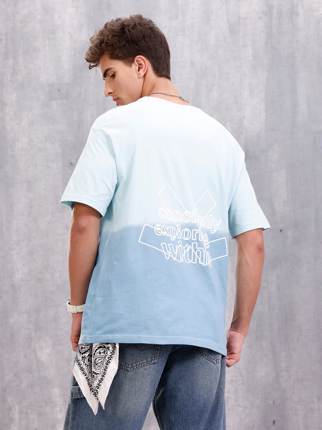 Ombre Dyed Back Graphic Puff Printed Oversized Fit T-Shirt | Light Blue