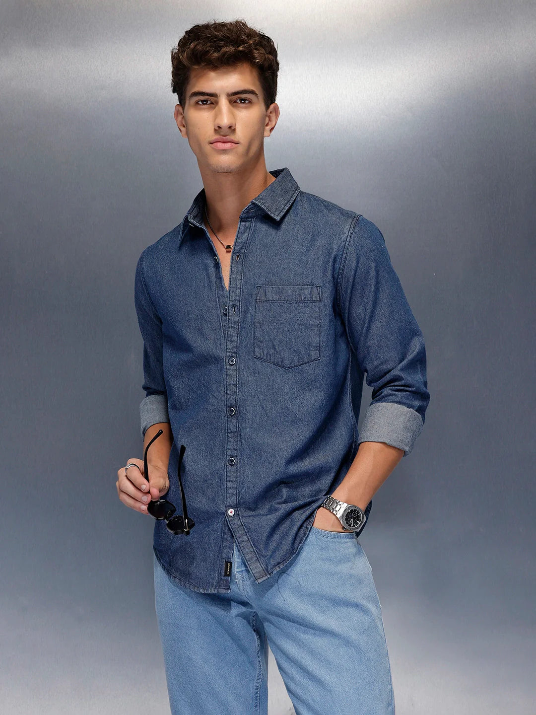 Washed slim fit denim shirt | Blue