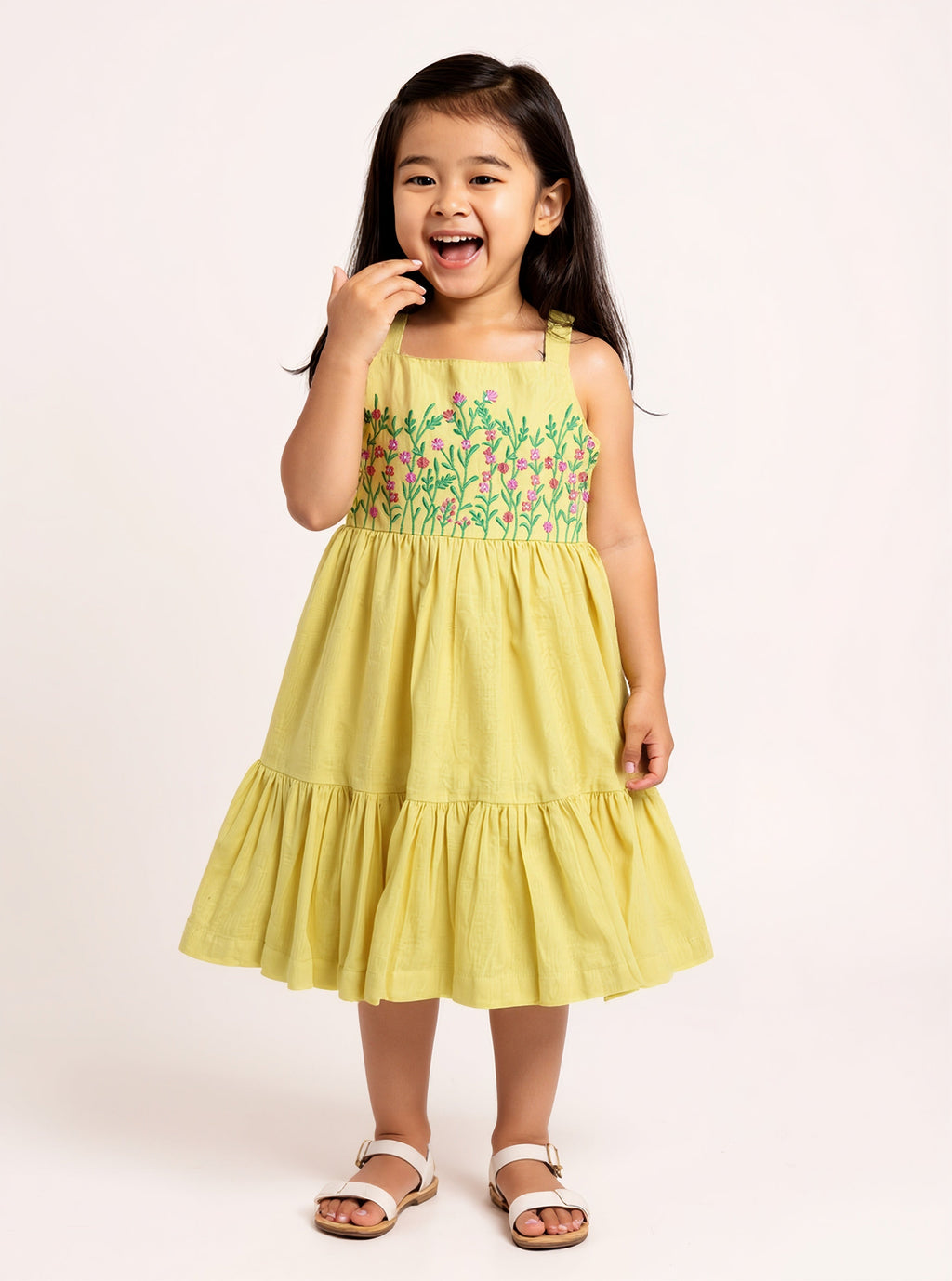 Utsa Kids Yellow Floral Embroidered Cotton-Blend Tiered Dress - (2-8yrs)