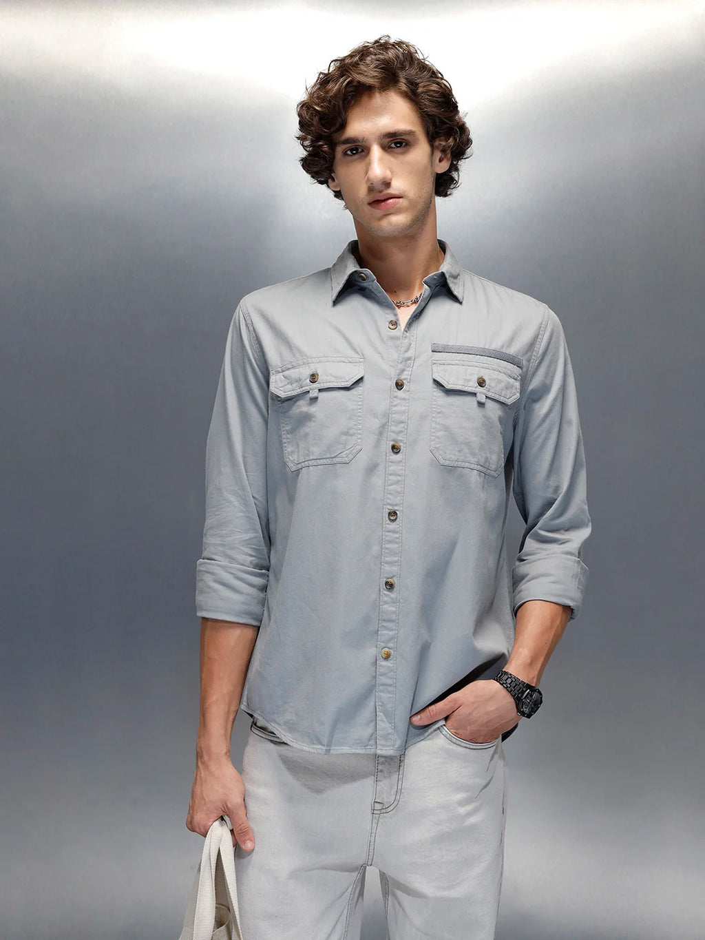Men's casual slim fit double pocket shirt | Grey
