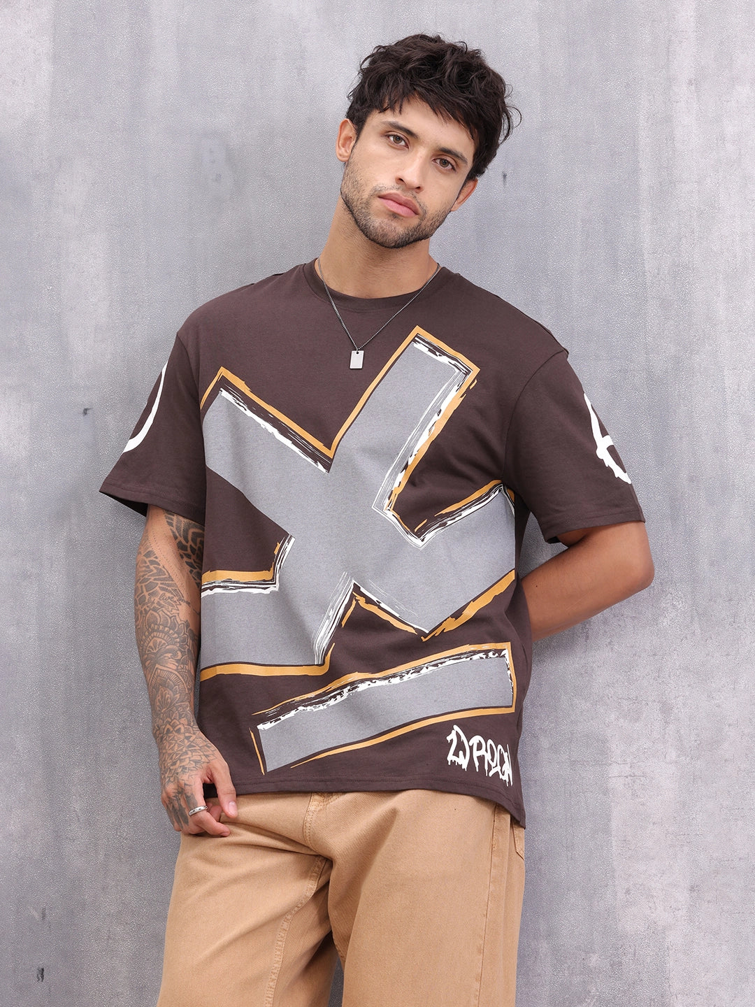 Grafitti Inspired Logo Placement Print Oversized Fit T-Shirt | Brown