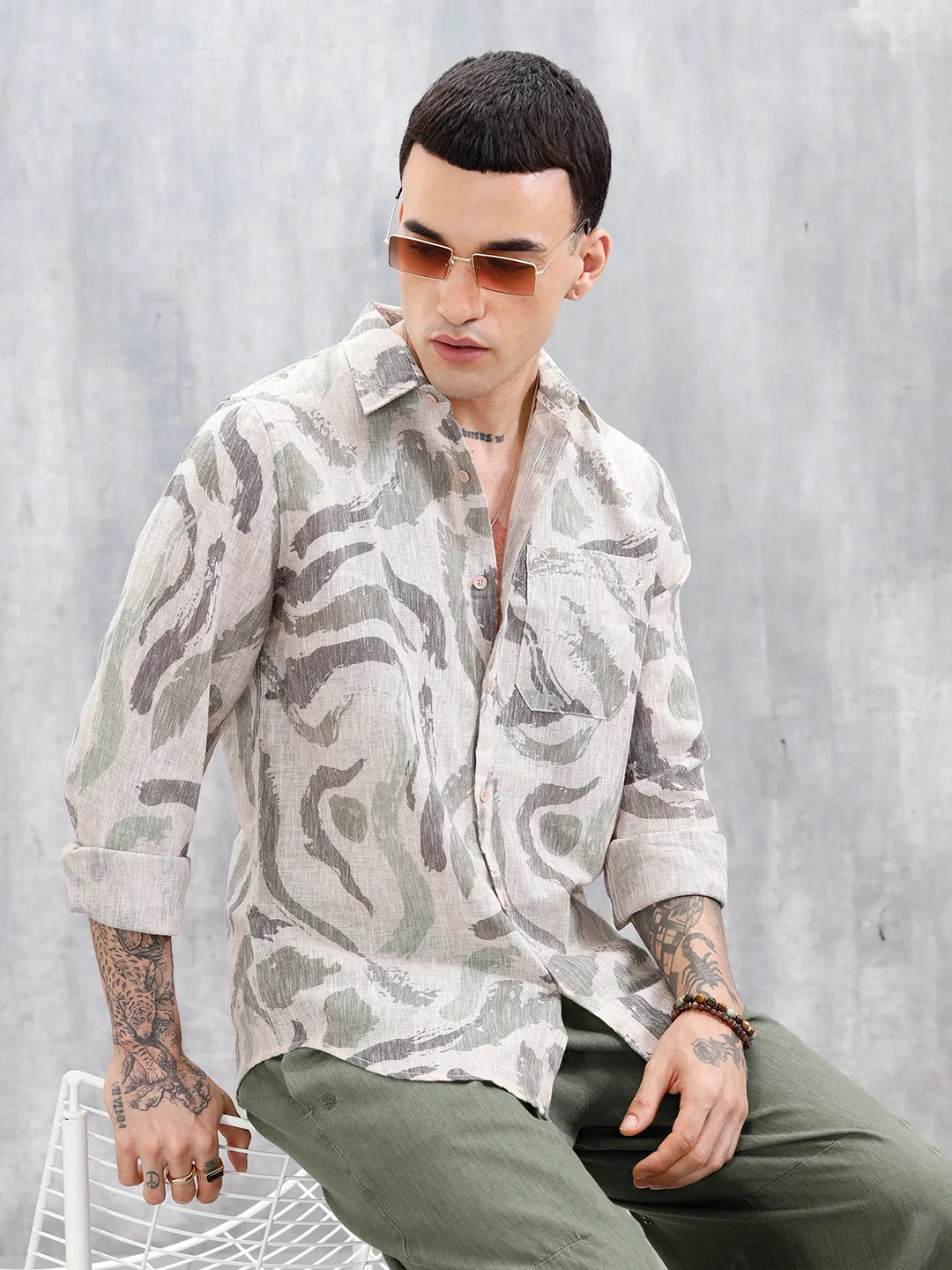 Wrogn Men's Printed Slim Fit Shirt  | Light Green